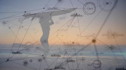 Graphic overlay activating network, surfer silhouette walking shore charts pulsing for coastal tech - Powered by Adobe