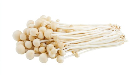 Fresh Enoki Mushrooms with Long Stems and Round Caps on White Background