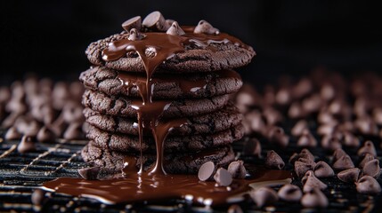 Chocolate Chip Cookies with Melted Chocolate on Dark Background