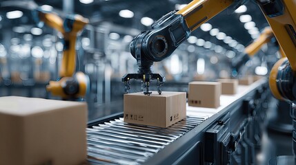 A robotic arm swiftly sorts and packs food items on a moving conveyor in a high-tech facility.
