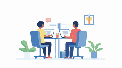 Two people working at desks with laptops in a modern office environment illustration style image
