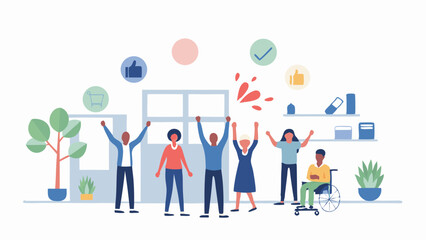 Diverse group of people cheering with arms raised in an office setting with positive icons above them