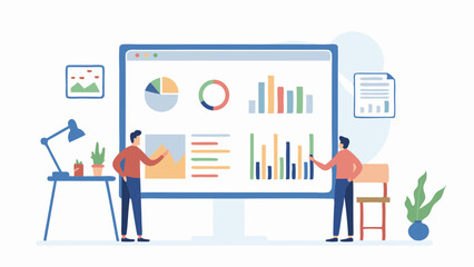 Fototapeta premium Two people analyzing business data charts and graphs displayed on a large computer screen in an office