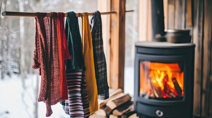 Cozy Winter Scene with Colorful Fabrics Near a Rustic Fireplace