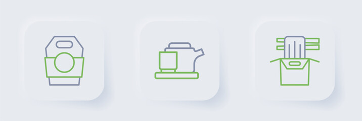 Set line Asian noodles in paper box, Traditional tea ceremony and icon. Vector