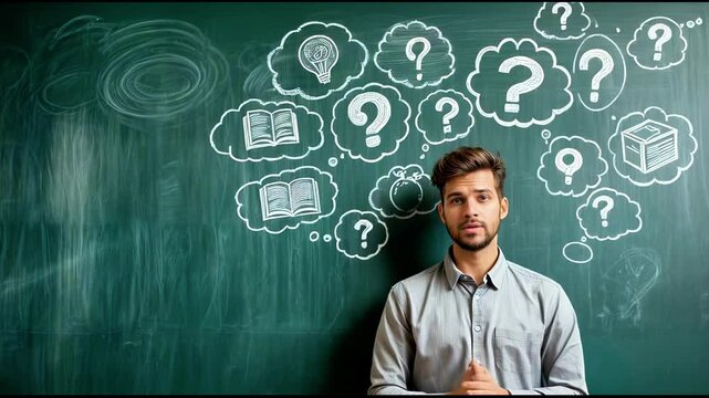 Puzzled man contemplates solutions with chalkboard illustrations of books and question marks