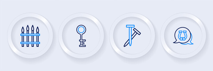 Set line Horseshoe, Metallic nails, Old key and Classic iron fence icon. Vector