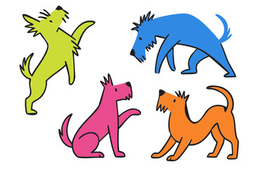 Dogs illustration, colorful minimalist style, mid-century modern, childlike shapes, whimsical character design, no outlines, solid colors, stylized proportions