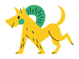 Dogs illustration, colorful minimalist style, mid-century modern, childlike shapes, whimsical character design, no outlines, solid colors, stylized proportions