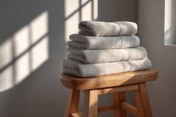 Soft towels arranged on a wooden stool in the gentle morning light, creating a cozy ambiance in a serene bathroom environment