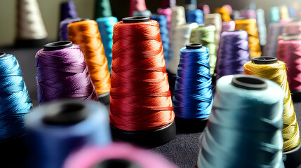 Close Up Of Colorful Threads Spools On Dark Background