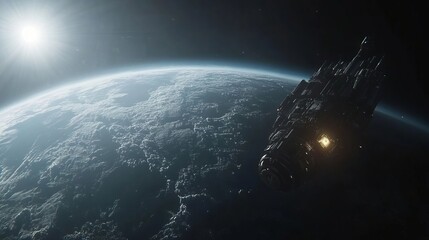 Obraz premium Futuristic Spaceship Orbiting Earth Dramatic Space Exploration Scene Sci Fi Artwork