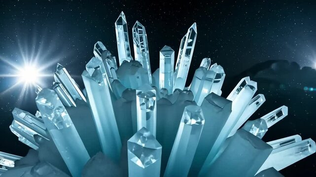 Cluster of quartz crystals against a stary background