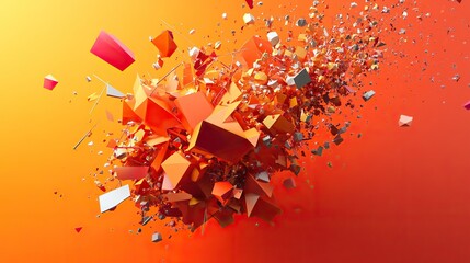 A chaotic yet organized explosion of 3D polygons and abstract shapes.