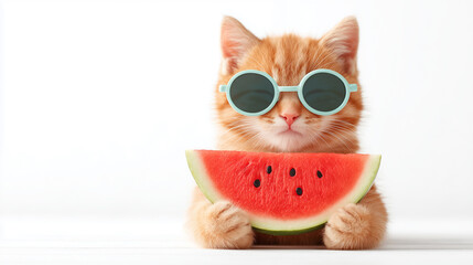 サングラスをかけてスイカを持つオレンジ色の猫 | 夏らしい爽やか