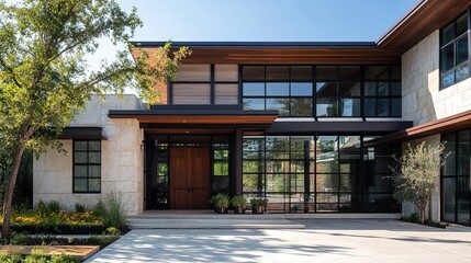 A clean and elegant industrial-style home with wooden textures and metal accents.