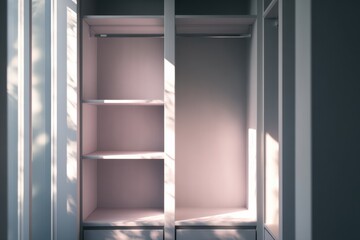 Fototapeta premium Soft light caresses the clean interior of an open wardrobe, showcasing a minimalist design perfect for contemporary spaces