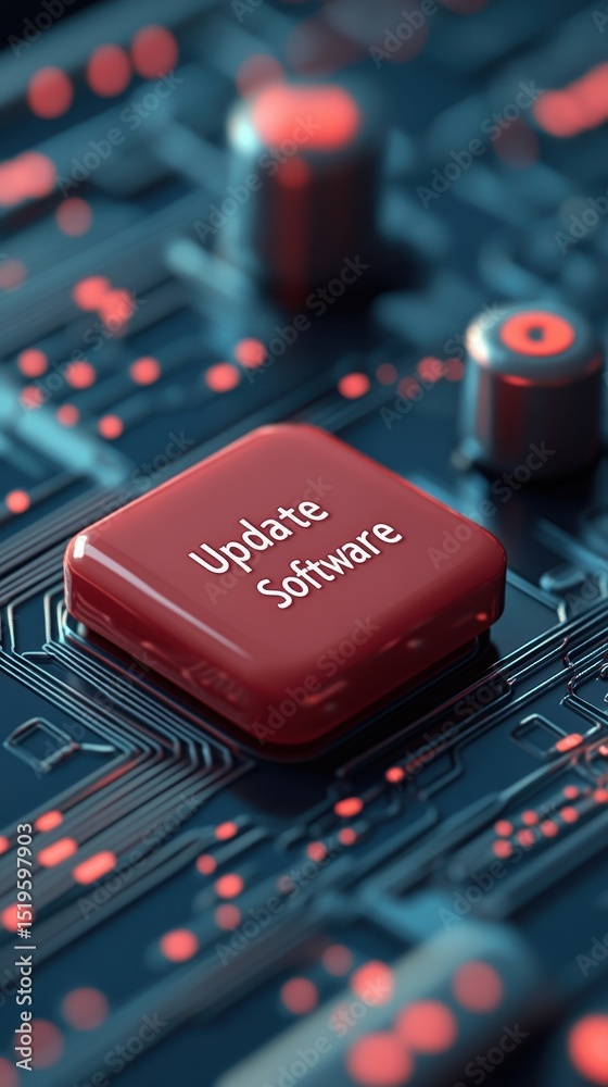 Poster red update software button on circuit board showing cybersecurity awareness concept with glowing red