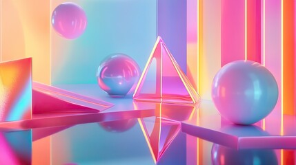 A futuristic 3D scene filled with floating geometric shapes, glowing neon edges, and reflections.