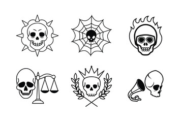 Six unique skull illustrations with symbolic elements