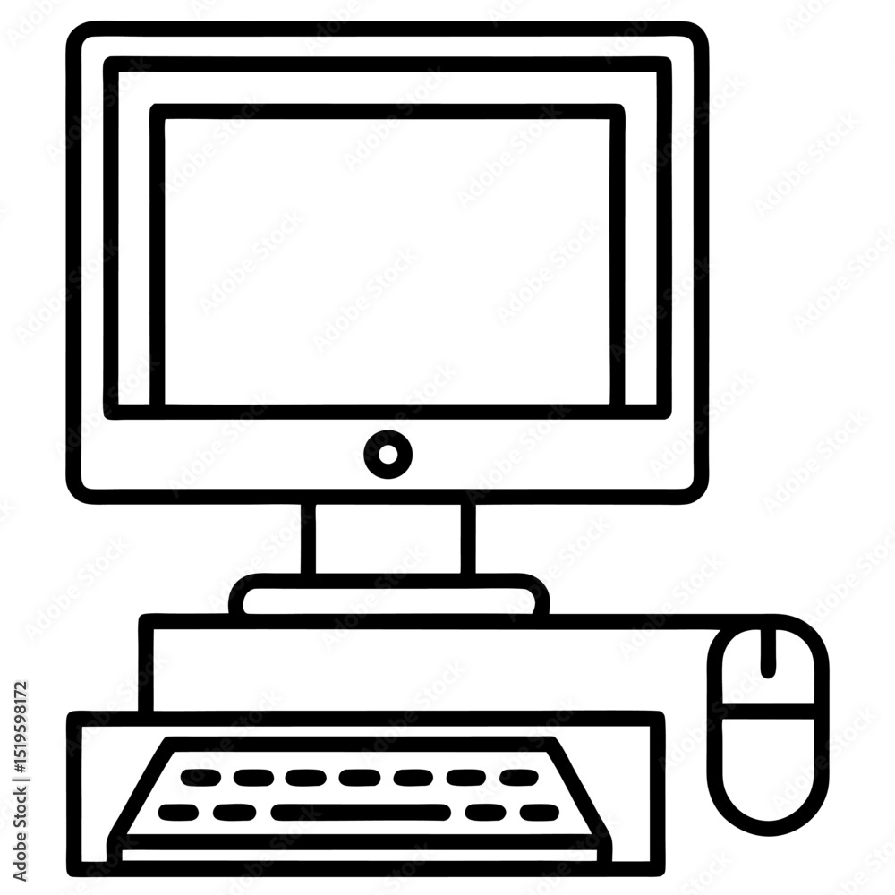 Poster Simple line drawing of a desktop computer with keyboard and mouse