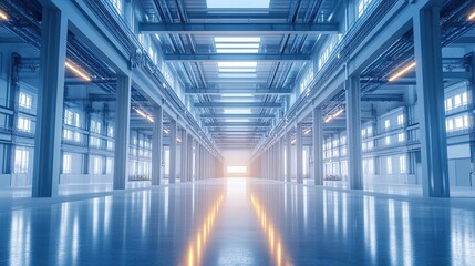 A futuristic minimalist factory with geometric architecture and soft lighting.