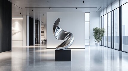 A high-end minimalist industrial showroom with abstract metallic sculptures.