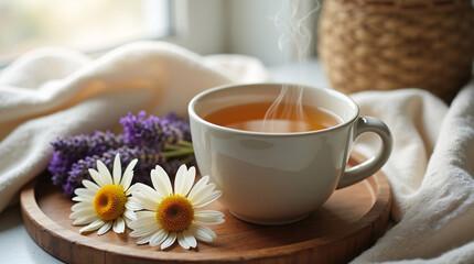 Fototapeta premium Flat lay of herbal tea for sleep with steaming chamomile and lavender infusion in ceramic cup on wooden tray, soft cloth, dried flowers, cozy natural evening light and empty space for text