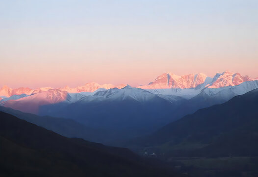 Majestic snow capped mountains illuminated by the golden light of the setting sun