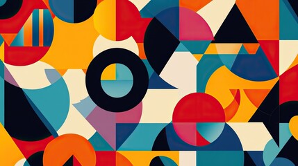 A vibrant abstract geometric pattern with overlapping circles, triangles, and bold colors.