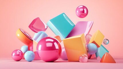A vibrant composition of glossy, inflated geometric shapes in pastel tones.