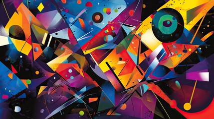 A vibrant and chaotic abstract geometric design with irregular shapes and splashes of color.