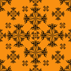 Seamless pattern with abstract black snowflake-like shapes on orange background. Vector illustration for your prints and designs