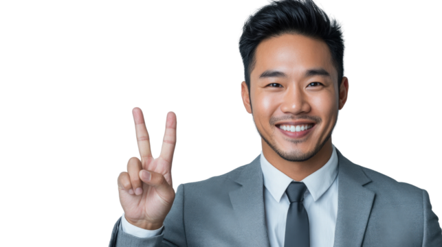 Professional man in suit making peace sign studio setting portrait photography bright background positive vibes