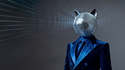 Party invitation background of a man in a dark blue velvet suit and disco ball head with metallic cat ears. Dark grey background with radiating light beams. Space for text.