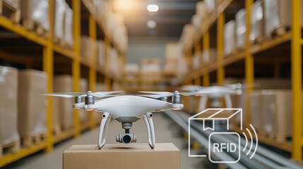 A drone with RFID technology hovers over a package in a modern warehouse, surrounded by shelves with boxes.