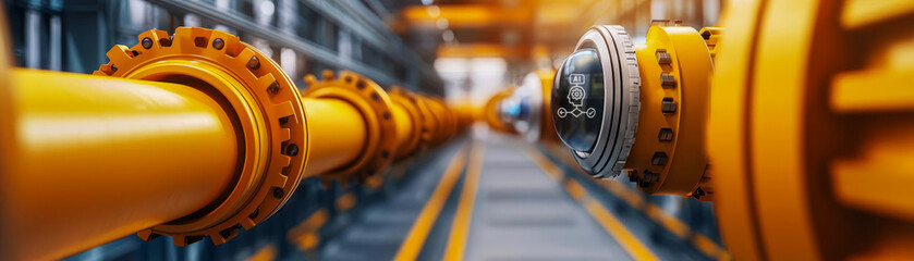Industrial yellow pipelines with valves run through a modern facility, highlighting technology and engineering in an industrial setting.
