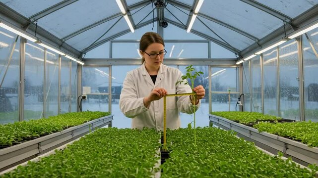 Scientist measuring growth of plants in greenhouse