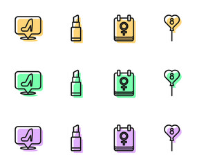 Set line Calendar with 8 March, Woman shoe, Lipstick and Balloons icon. Vector