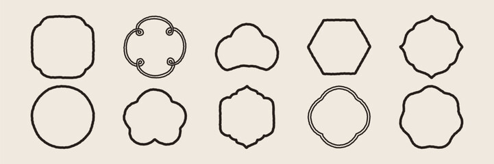 Korean frame set in hand drawn, rough stroke style. Traditional asian isolated element. Vector graphic set.