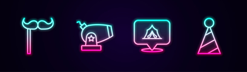 Set line Paper mustache on stick, Cannon, Circus tent and Party hat. Glowing neon icon. Vector © Iryna