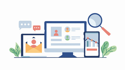 Illustration of digital devices showing profiles, email, charts, and a magnifying glass icon