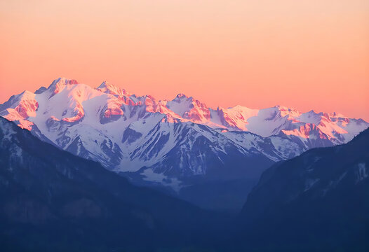 Majestic snowy mountain peaks lit by the setting sun creating a beautiful landscape