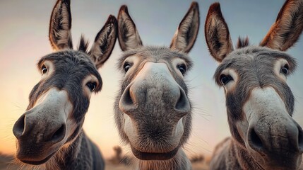 A group of grey donkeys stands together at sunset, their curious faces turned toward the viewer.
