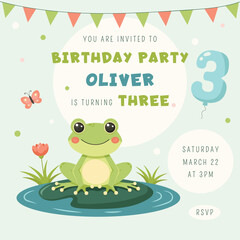Birthday party invitation card with cute frog. Birthday party vector template	