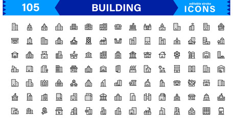 Building Icon Set Representing Construction, Architecture, Tools, Blueprints, and Urban Development in Simple, Download-Ready Vector Format
