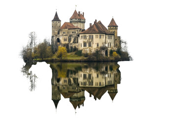 Obraz premium Medieval castle on island with reflection isolated on transparent background