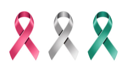 Pink, grey, and teal awareness ribbons representing health causes like breast, brain, and ovarian cancer, symbolizing support and raising awareness on a transparent background