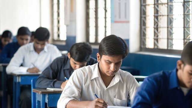 Classroom with Indian students writing midterm exams
