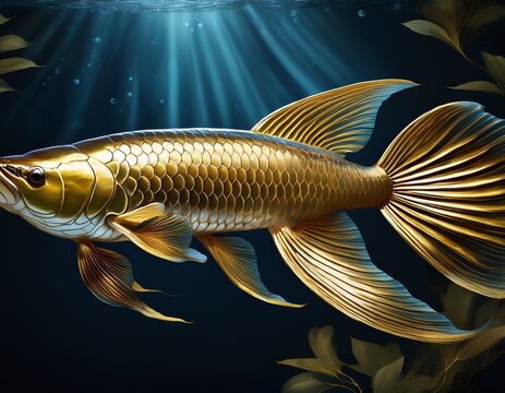 Ein eleganter, goldschimmernder Arowana schwimmt in einem edlen Aquarium mit dunklem Hintergrund
